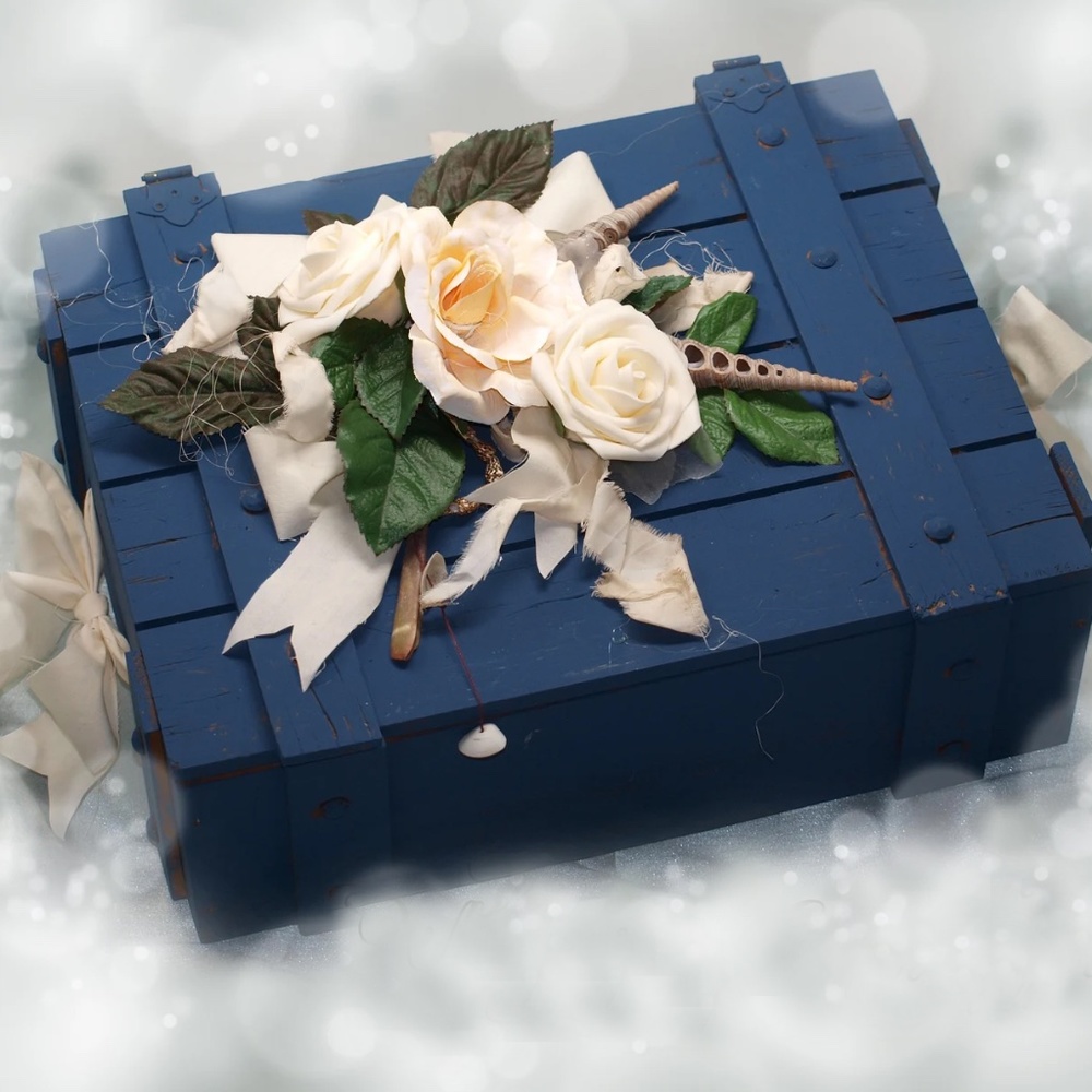 Shabby Chic Wood Storage Box with Floral Arrangement, Sea Shells. Roses, Tea Dye